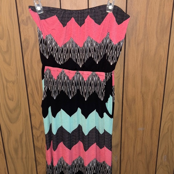 Vibrant Strapless Chevron Dress - Pink, Black, Mint - Picture 1 of 5